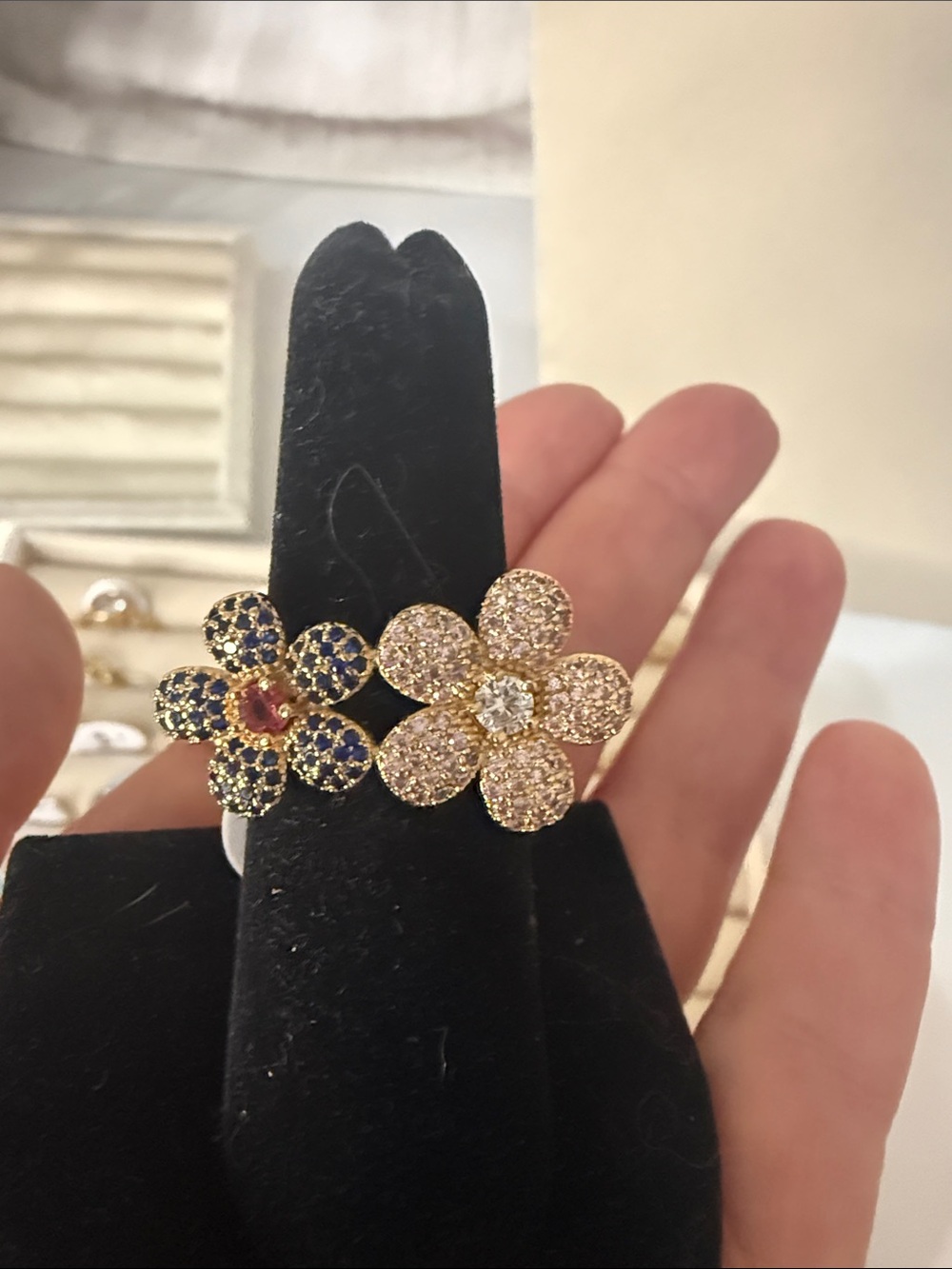 Gold Flower Cluster Ring with Blue and Champagne Crystal Accents